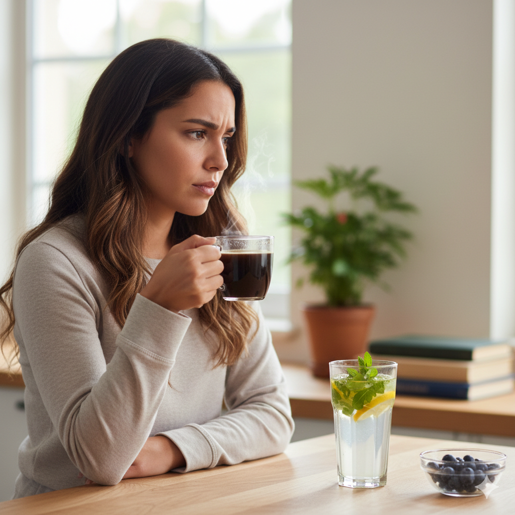 Mujer joven reflexionando sobre los beneficios de dejar el café frente a una bebida saludable.