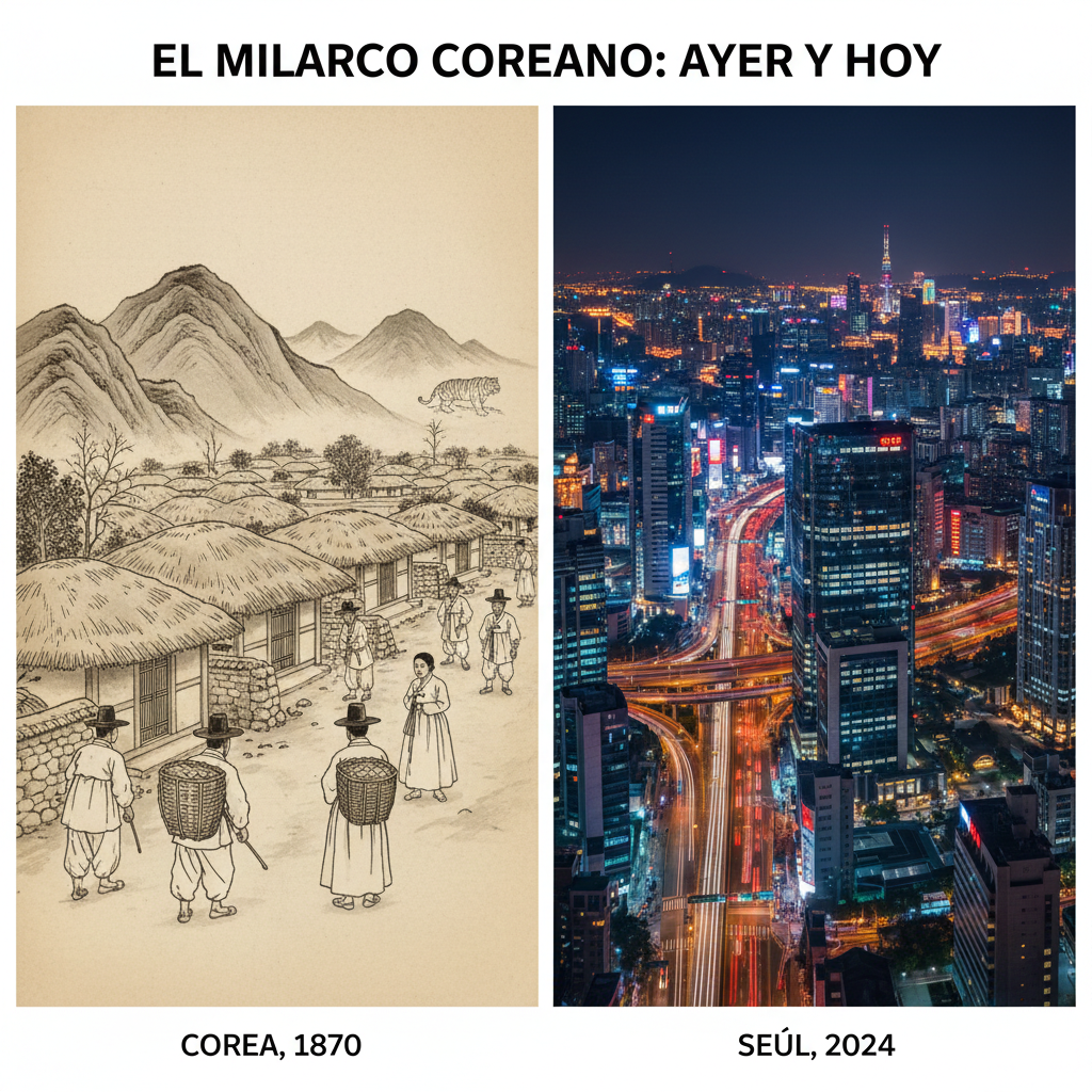 Evolución del Milagro Coreano: contraste entre la Corea rural de 1870 en sepia y la moderna ciudad de Seúl en 2026 con luces nocturnas.