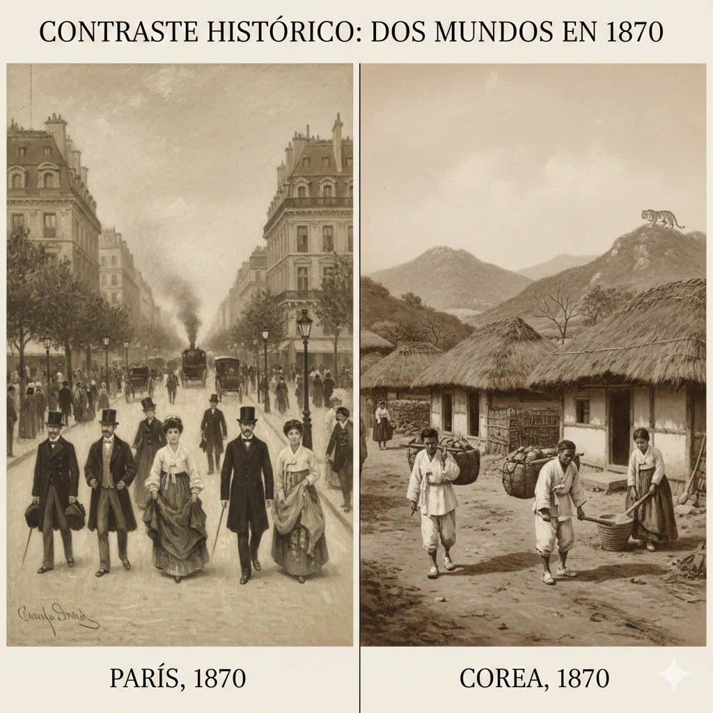 Comparación histórica de 1870 entre las calles modernas de París y una aldea tradicional de Corea, ilustrando el Milagro Coreano.
