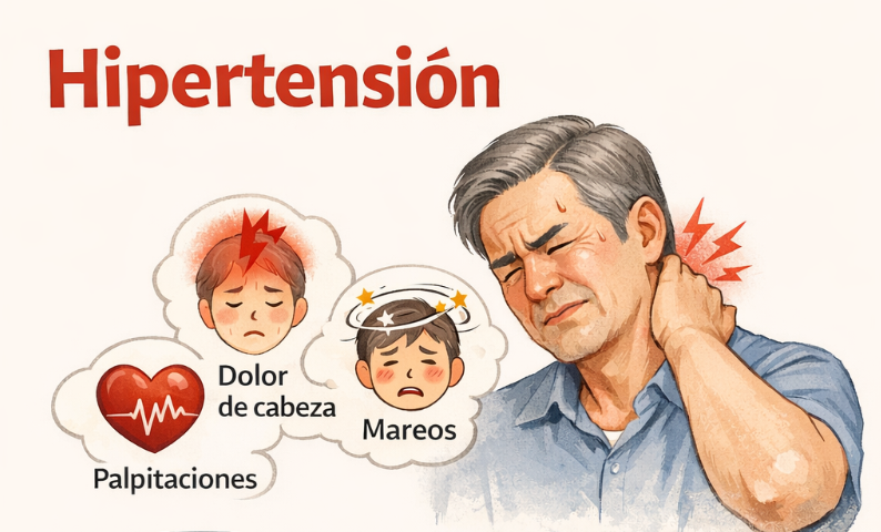 hipertensión: síntomas posibles, lectura de presión alta y riesgos como ACV, infarto e insuficiencia cardíaca.