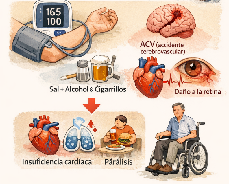 hipertensión: síntomas posibles, lectura de presión alta y riesgos como ACV, infarto e insuficiencia cardíaca