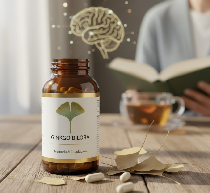 Suplemento de Ginkgo Biloba para la memoria y la circulación cerebral con gráfico de cerebro.