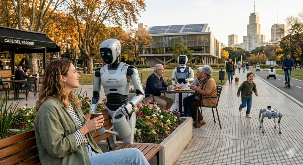 Consejos para sobrevivir a la IA y la convivencia de humanos y robots en un parque de Buenos Aires.